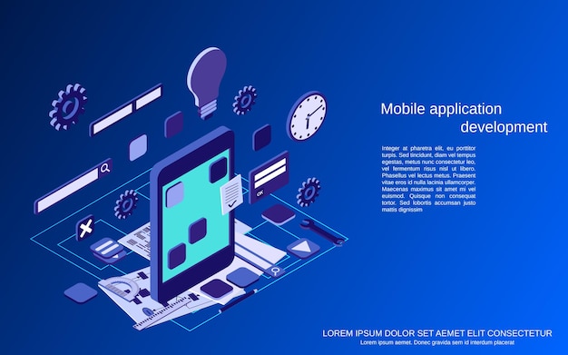 Mobile application development, program coding, web programming flat 3d isometric   concept illustration