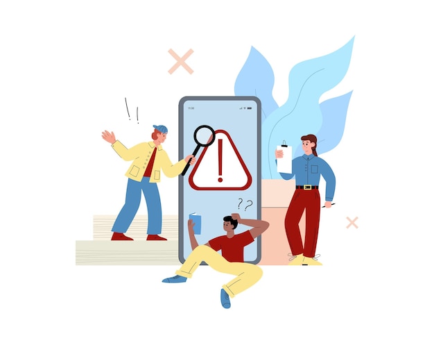 Mobile application os error with people near phone screen flat vector isolated