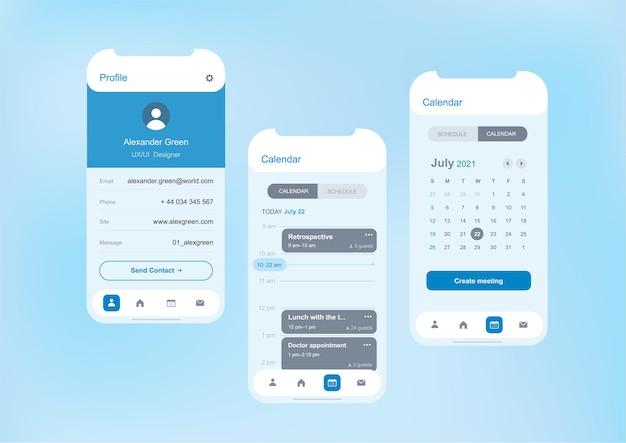 Mobile application template screen mockups for calendar and meeting organiser with profile