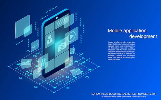 Mobile application UI design flat 3d isometric vector concept illustration