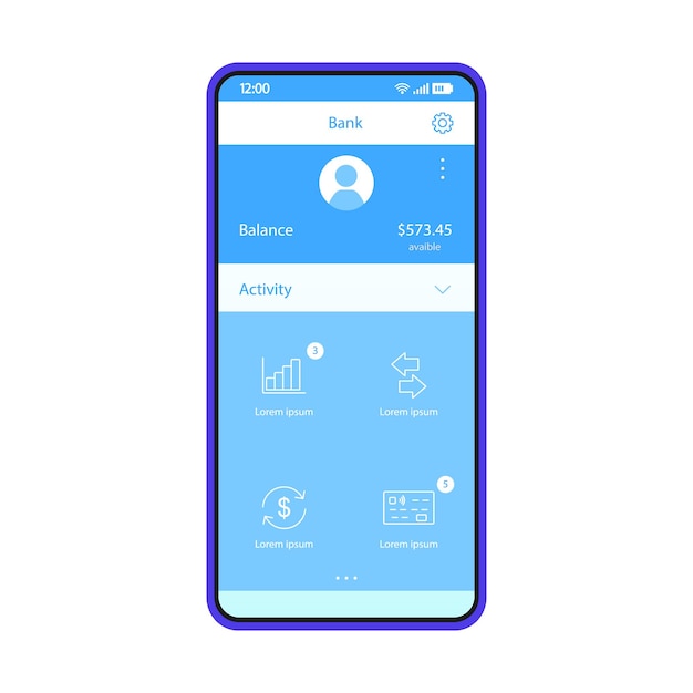 Mobile banking account interface vector template. Smartphone app interface blue design layout. Financial transactions screen. Financing activities statistics. Flat UI for application.  Phone display