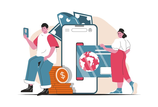 Mobile banking concept isolated. Money transactions and payments in mobile app. People scene in flat cartoon design. Vector illustration for blogging, website, mobile app, promotional materials.