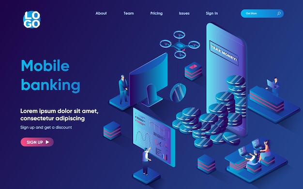 Vector mobile banking concept isometric landing page bank clients make transactions and take money