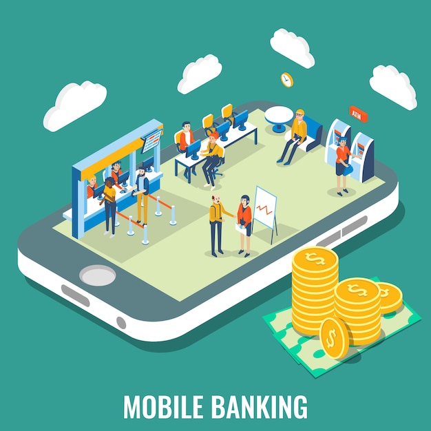 Mobile banking vector flat isometric illustration