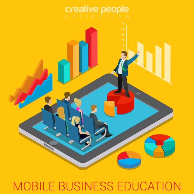 Mobile business education online course flat isometric