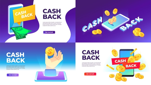 Mobile cashback banner. Golden coins spend back, buying with cashback and reward to wallet illustration set.