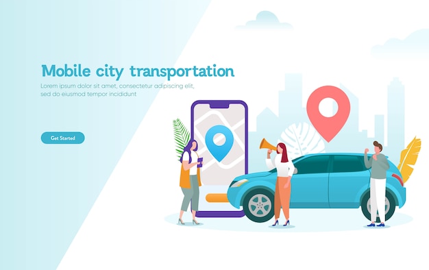 mobile city transportation vector illustration concept,  Online car sharing   with cartoon character and smartphone