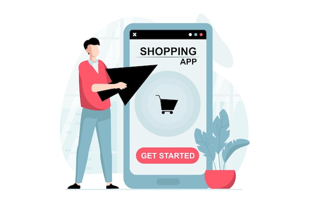 Mobile commerce concept with people scene in flat design Man choosing goods in internet shop and making online purchase touching in screen in app Vector illustration with character situation for web