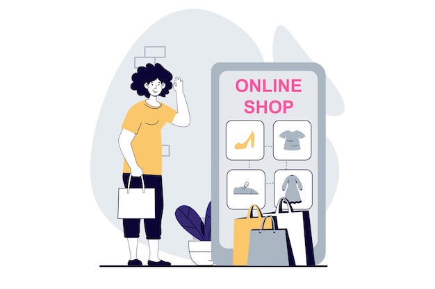 Mobile commerce concept with people scene in flat design for web Woman choosing goods in assortment of online store in mobile app Vector illustration for social media banner marketing material