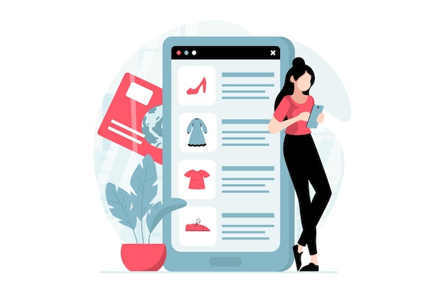 Mobile commerce concept with people scene in flat design Woman choosing goods in assortment of internet shop and making online purchases in app Vector illustration with character situation for web