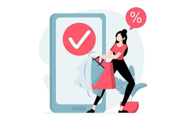 Mobile commerce concept with people scene in flat design Woman making online shopping and buying with discount prices in smartphone application Vector illustration with character situation for web