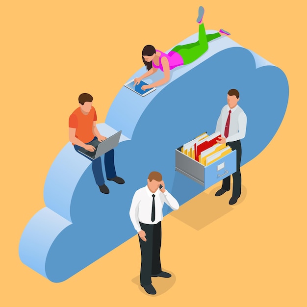 Mobile devices connected on a cloud data storage. Cloud storage concept. Protected cloud storage via smartphone, tablet, laptop Data storage on servers in cloud. Flat 3d isometric vector illustration