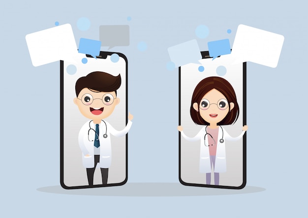 Mobile doctor. Smiling doctor on the phone screen. Medical internet consultation. Healthcare consulting web service. Hospital support online. Vector,illustration.