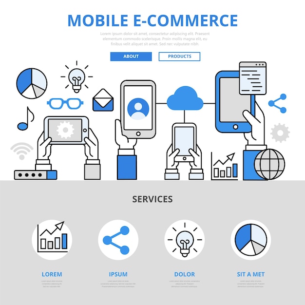 Mobile e-commerce online shopping sale user connection concept flat line style.