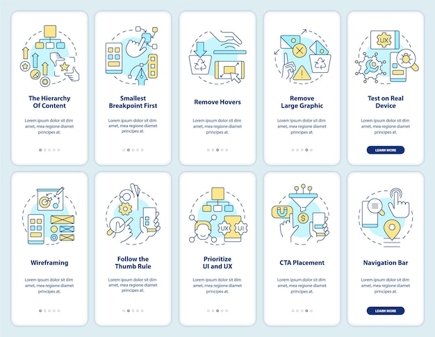 Mobile first design onboarding mobile app screen set