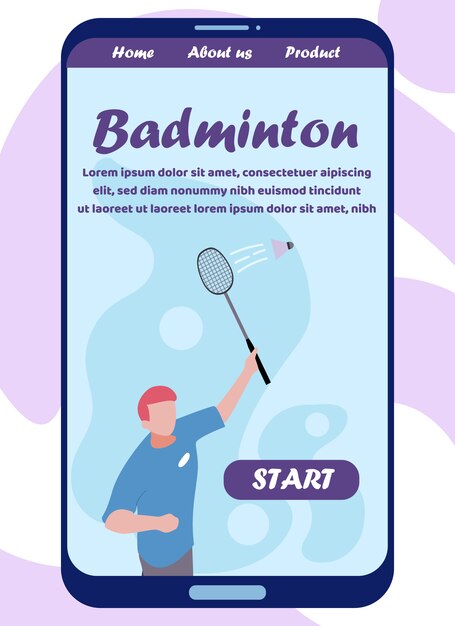 Vector mobile flat landing page invite play badminton