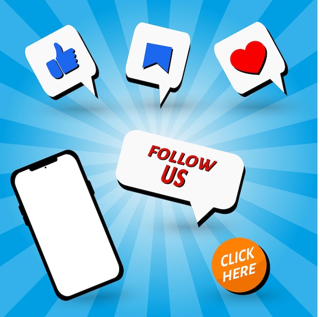 Mobile and follow us items around with sunbunr background in vector illustration