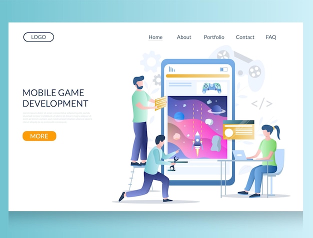 Mobile game development vector website landing page design template