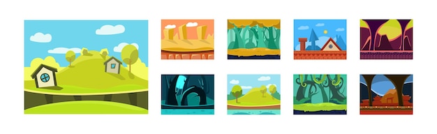 Mobile Game Horizontal Backgrounds and Scenery Vector Set Ui Interface Landscape and Scene