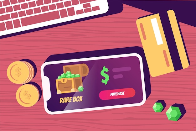 Mobile gaming microtransaction loot box and pay to win illustration concept