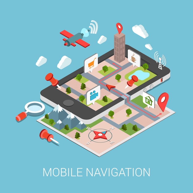 Mobile GPS navigation concept isometric   illustration Tablet on paper map marker points POI satellite search magnifier city route tracking pin street.