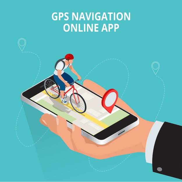 Mobile GPS navigation, travel and tourism concept. View a map on the mobile phone on bike and search GPS coordinates.Flat 3d vector isometric illustration