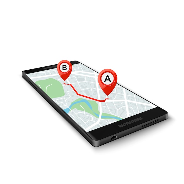 Mobile GPS system concept. Mobile GPS app interface. Map on phone screen with route markers.