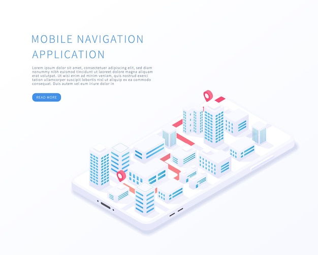 Mobile navigation application in isometric vector illustration City isometric plan with buildings road gps tracking on smartphone Map on mobile application Vector illustration