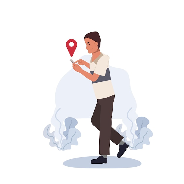 Mobile navigation concept Man holding smartphone with gps Location icon Vector illustration