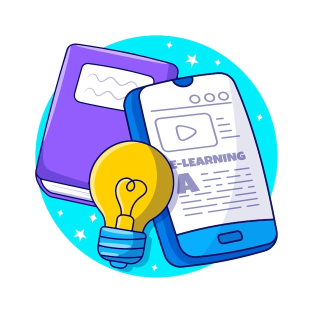 Mobile Online education learning with colored hand drawn of smartphone book and light bulb