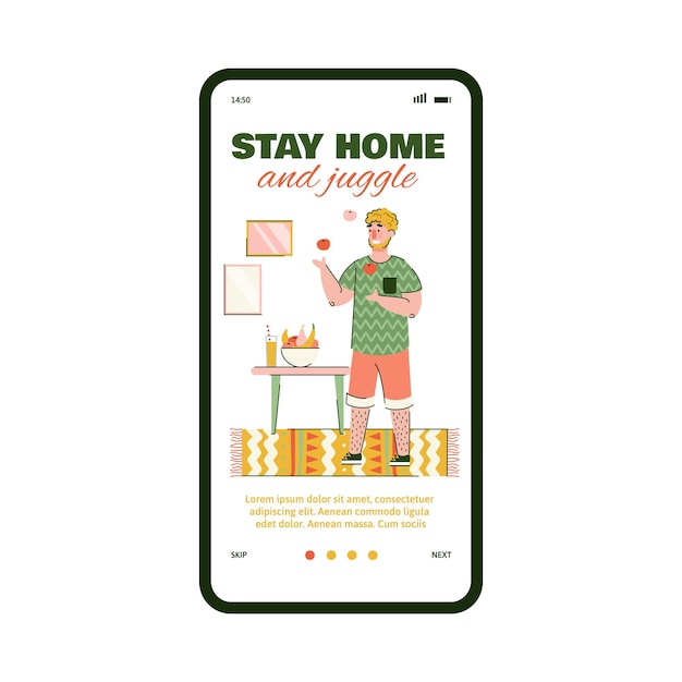 Mobile page design with stay home and juggle slogan and man vector illustration