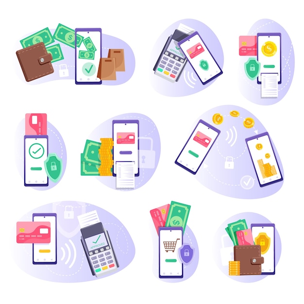 Mobile payment. POS-terminal payment, smartphone money transfer and e-wallet replacement set. Mobile payment and internet banking, business finance pay, transaction online  illustration