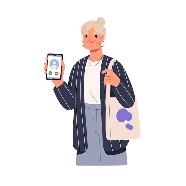 Mobile phone call on smartphone screen in hand of old woman Senior person elderly aged lady showing cellphone display with unknown scammer Flat vector illustration isolated on white background