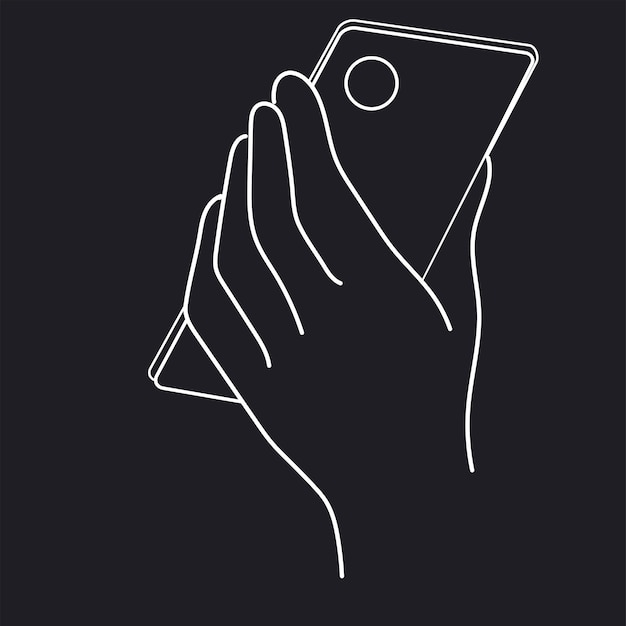 Mobile phone in the hand of a man or womanHanddrawing line black and white illustration