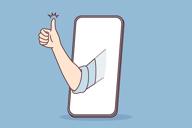 Mobile phone and hand with thumb up symbolizing approval of good app or website Vector image