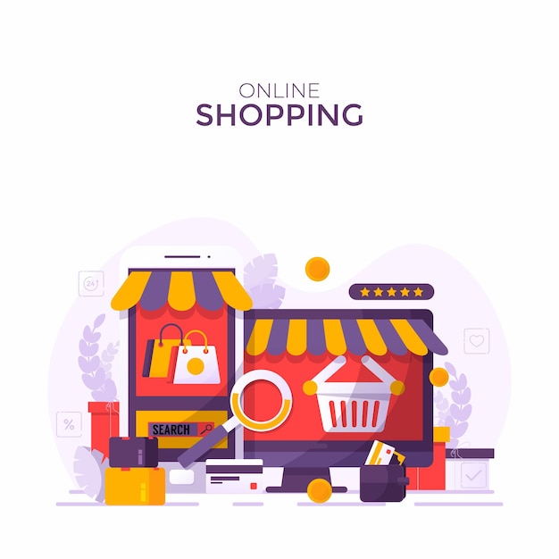 Mobile phone represent of front of shop storeShopping Online on Website or Mobile Application Vector Concept Marketing and Digital marketing Long Background