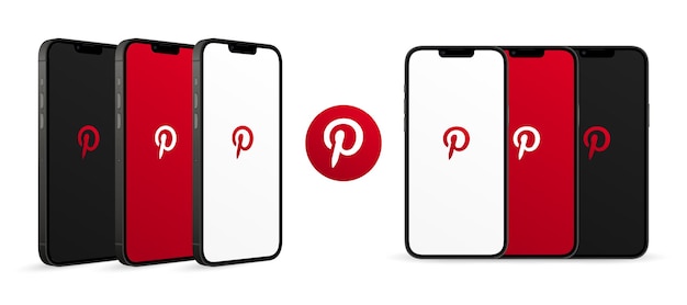 Mobile phone screen mockup front and perspective views with pinterest logo isolated on white