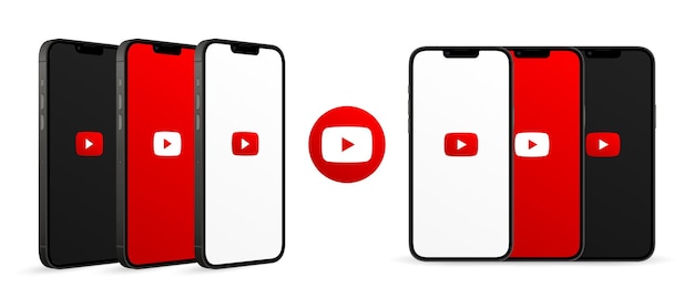 Mobile phone screen mockup front and perspective views with youtube logo isolated on white