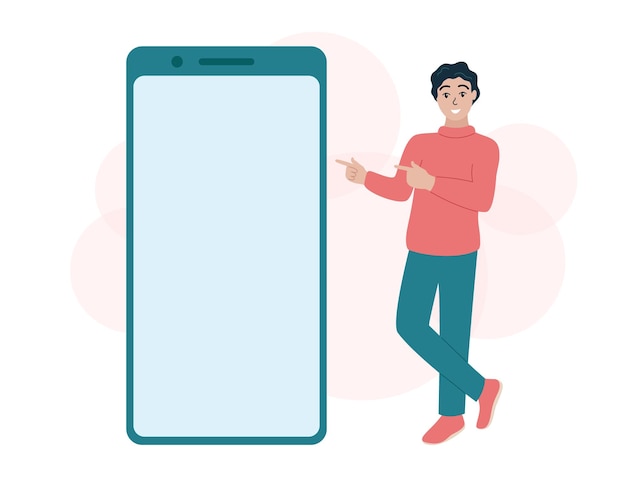 Mobile phone template Man standing and pointing at big blank smartphone screen Empty cellphone display with copy space Flat vector illustration