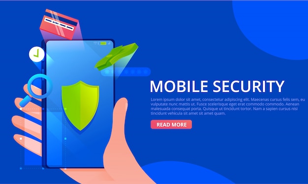 A Mobile security  banner. A Phone in hand. A Green shield on screen with a money and a card icons. Safety concept.