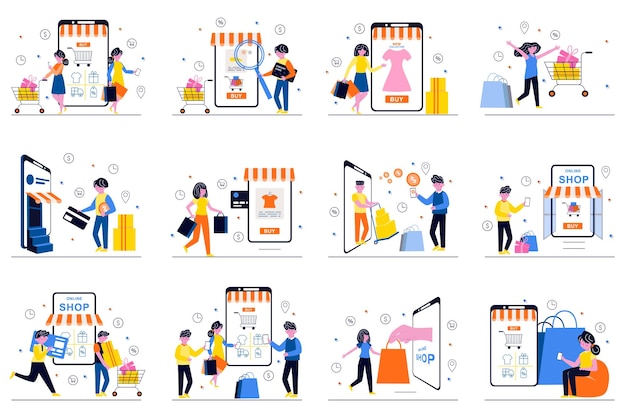 Mobile shopping concept with tiny people scenes set in flat design Bundle of men and women choose and order goods in app pay online from smartphone receive discounts Vector illustration for web