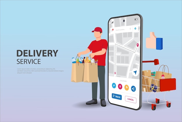 Mobile shopping flat vector concept Hand of delivery man with shopping bag from cloud and customers