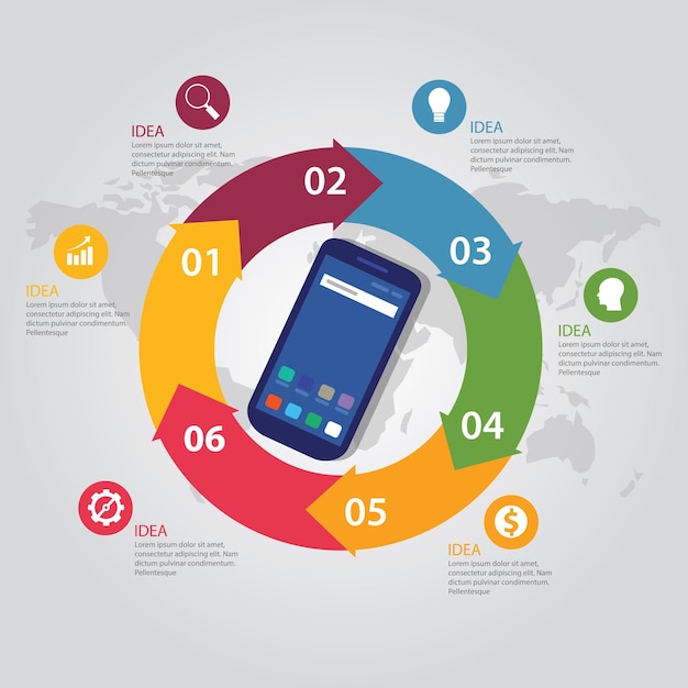 mobile smartphone communication technology template infographic color bright circle arrow steps