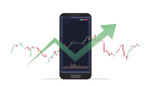 Vector mobile stock market trading with candlestick and graph live indicators with modern flat style