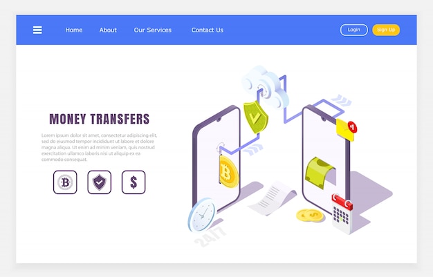 Mobile transfers online application, isometric concept of financial transactions, illustration