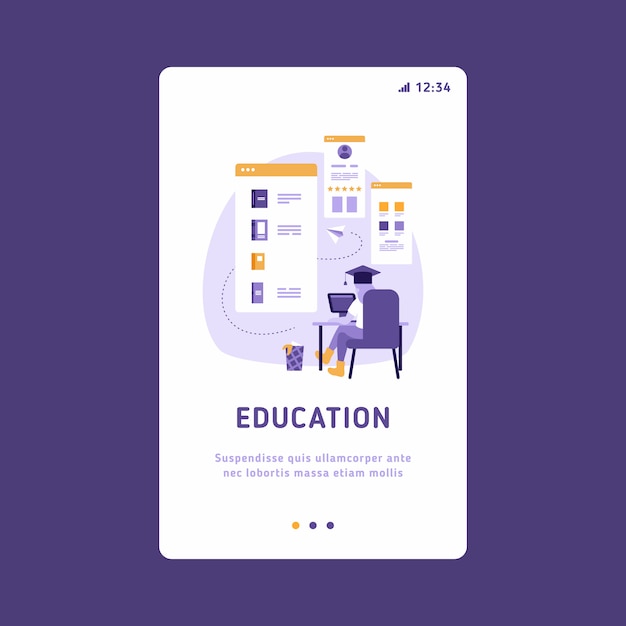 Mobile UI UX GUI template, app interface wireframe. E-learning concept illustration of woman using laptop and tablet pc for distance studying and education.