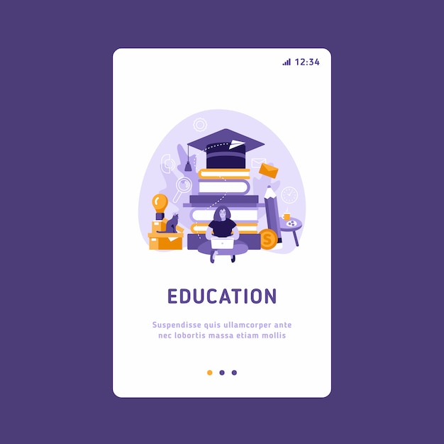 Mobile UI UX GUI template, app interface wireframe. E-learning concept illustration of woman using laptop and tablet pc for distance studying and education.