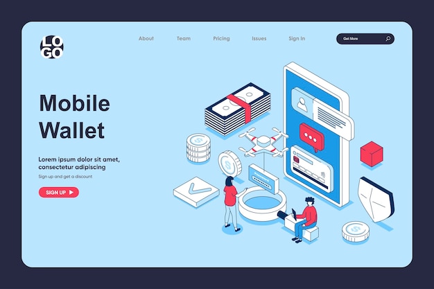 Mobile wallet app concept in 3d isometric design for landing page template People managing personal financial accounts and credit cards using online banking service Vector illustration for web