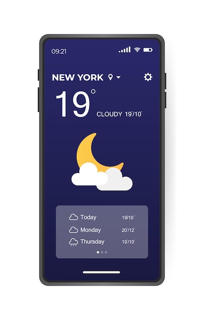 Mobile weather app interface design GUI elements for weather forecast mobile app Realistic phone Temperature weather condition user interface generator Ui ux toolkit vector illustration