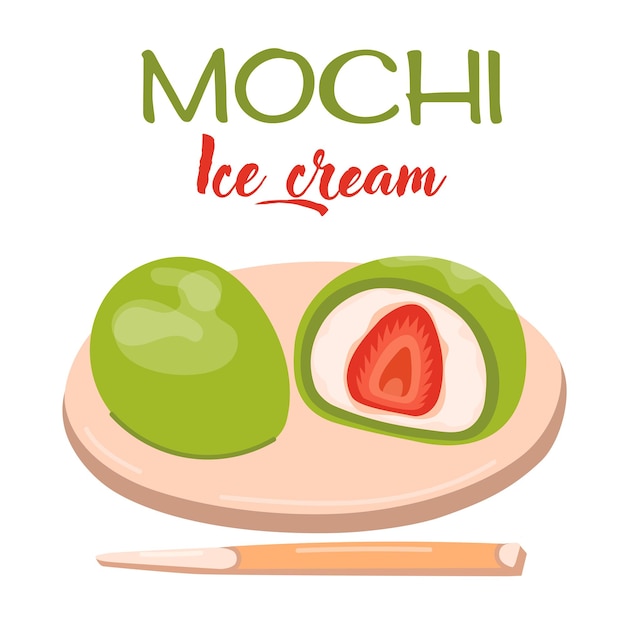 Mochi Asian sweet food Japanese ice cream Mochi in rice dough Green mochi with strawberries